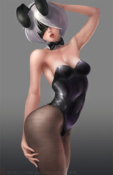 animal_ears armpits artist_name blindfold breasts bunny_ears female latex_suit limgae mole mole_under_mouth nier nier:_automata nier_(series) open_mouth playboy_bunny_leotard teeth white_hair yorha_2b