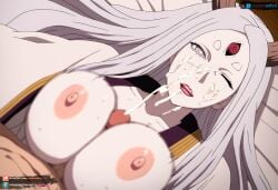 ai_generated big_breasts cum cum_on_face female horns juanpiamvs kaguya_otsutsuki laying_on_bed long_hair naruto naruto_(series) naruto_shippuden otsutsuki_kaguya paizuri paizuri_under_clothes patreon patreon_username silver_eyes silver_hair subscribestar subscribestar_username watermark