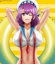 1girls anime_style armpits arms_behind_head big_breasts breasts clothed d4dj hidaka_saori huge_breasts inner_tube one_eye_closed port_(artist) sailor_hat sailor_uniform text watermark wet