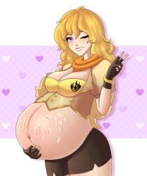 1girls ashantydrill belly big_belly blonde_hair cum cum_on_belly cum_on_body female hyper_belly one_eye_closed outie_navel pregnant rwby solo wink yang_xiao_long