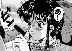 1999 1boy 1girls bar_censor big_penis blush censored close-up dynamite_kantou female hair_ribbon japanese_text long_hair male military_uniform monochrome oogami_ichirou open_mouth parted_lips penis penis_awe pointless_censoring ponytail ribbon sakura_shinguji sakura_wars sega sweat translated uniform