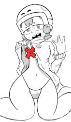 after_masturbation belly belly_button bonnie_(brawl_stars) brawl_stars censored censored_nipples dress_lift exposed_belly exposed_belly_button helmet looking_at_viewer monochrome panties simple_background small_breasts smile smiling tagme_(artist) tagme_(character) teeth_gap wet wet_panties wet_pussy