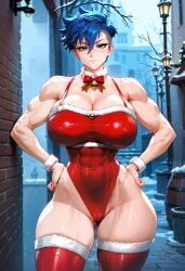 1tomboy abs absurd_res absurdres ai_generated alley big_thighs blue_hair blurred_background breasts christmas christmas_clothing christmas_outfit curvilinear female female_focus girl green_eyes high_thighs highres large_breasts looking_at_viewer muscular_female muscular_thighs original original_art original_artwork original_character red_clothing short_hair sidecut smokeye snow snowing snu-snu thick_thighs tomboy wide_hips