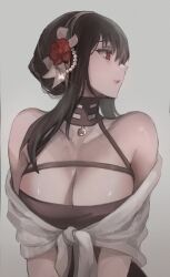 beautiful_female black_hair facing_away flower_in_hair kingduke large_breasts red_eyes yor_briar