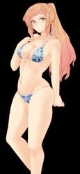 1girls bare_arms bare_legs bare_midriff bare_shoulders bikini black_background blue_eyes blush breasts cleavage cute felicia_(fire_emblem) female female_only fire_emblem fire_emblem_fates long_hair midriff mostly_nude navel nintendo pink_hair ponytail sideboob smile snowflake snowflake_print solo swimsuit thighs tight_clothing tight_fit tridisart