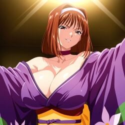 1girls ai_generated big_breasts breasts brown_eyes brown_hair busty cleavage female female_only hairband hi_res japanese_clothes kanzaki_sumire large_breasts looking_at_viewer naughty_face sakura_wars sega short_hair smile solo voluptuous