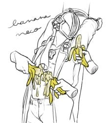 1boy arms_up banana bondage bondrewd coat disembodied_hands food_on_body food_play helmet jacket made_in_abyss male male_focus mask masked masked_male necojelly open_jacket partially_colored phallic_symbol restrained sexually_suggestive sketch solo_focus