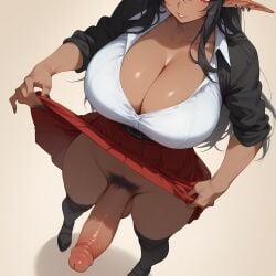 ai_generated black_belt black_hair black_jacket black_kneehighs black_nails black_shoes cleavage dark-skinned_female dark-skinned_futanari dark_elf dark_skin earrings eogard_orc erect_penis futa_only futa_sans_pussy futanari huge_cock lifting_skirt long_hair massive_breasts original_character pubic_hair red_eyes red_skin self_upload simple_background stable_diffusion viewed_from_above white_shirt