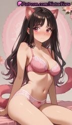 1girls ai_generated animal_ear_fluff animal_ears anime anime_style asian bangs bare_arms bare_shoulders black_hair blush bow bow_bra bow_panties bra breasts bust busty cat_ears cat_girl cat_tail cleavage closed_mouth collarbone embarrassed extra_ears female female_focus female_only flower hentai iki_hiyori lace-trimmed_bra lace-trimmed_panties lace_trim large_breasts lingerie long_hair looking_at_viewer medium_breasts multicolored_hair natsuyoru navel noragami nose_blush panties pantsu parted_bangs pink_bra pink_eyes pink_hair pink_panties sitting solo solo_female stomach tail thighs underwear underwear_only voluptuous voluptuous_female