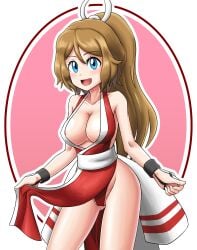 :d areola_slip blue_eyes breasts cleavage cosplay creatures_(company) crossover crossover_cosplay fatal_fury female game_freak hair_ornament highres king_of_fighters large_breasts light_brown_hair long_hair looking_at_viewer mai_shiranui mai_shiranui_(cosplay) nintendo no_bra open_mouth panties pantyshot pokemon pokemon_(anime) pokemon_(game) pokemon_xy pokemon_xy_(anime) ponytail red_panties serena_(pokemon) shiranui_mai shiranui_mai_(cosplay) shougun_(chuckni1) smile snk solo the_king_of_fighters the_pokemon_company underwear