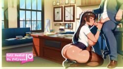 1boy 1girls age_difference ai_generated asmr ass black_hair blowjob bracelet bubble_ass bubble_butt butt dark-skinned_female dark_skin deepthroat english_voice_acting exposed_breasts fellatio femdom heels interracial large_breasts light-skinned_male light_skin long_hair milf miyukiva nipples no_panties office office_chair office_clothing office_lady on_knees oral oral_sex patreon_exclusive promotion skirt sound_only_video stockings suit tagme video voice_acted