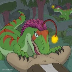 1:1 being_watched cave claws clothed clothing detailed_background dinosaur dromaeosaurid duo feather_hair feathers feral genital_danger_play green_body green_scales hi_res human human_on_feral hytale interspecies looking_at_another looking_at_viewer male male_on_feral mammal open_mouth oral penis_in_mouth pov_blowjob prehistoric_species pseudo_hair purple_feather_hair raptile reptile saurischian scales scalie sharp_teeth strohdelfin teeth theropod tongue tongue_out velociraptor zoophilia