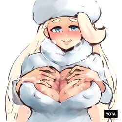 1girls big_breasts blush breasts cleavage erect_nipples eye_contact female female_only half-closed_eyes heavy_breathing human human_only large_breasts looking_at_viewer melony_(pokemon) nintendo nipples pokemon pokemon_ss solo text watermark yotahen