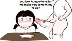 1boy 1boys 1girls big_penis black_hair blush blushing_at_another cock dumplis_(artist) female looking_at_penis pants_down penis plate shirt_up sweating table text