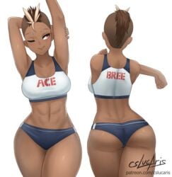 abs ace_ops artist_signature ass ass_cleavage back_view backboob bare_shoulders big_ass breasts brown_hair butt_crack clothed_female cslucaris cutaway dark-skinned_female dark_skin front_view gym_uniform harriet_bree hourglass_figure rwby shiny_skin smile sports_bra sportswear standing thick_thighs toned toned_female two_tone_hair white_background white_hair wide_hips