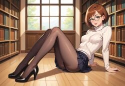 1girls ai_generated brown_hair glasses high_heels jokerofhearts legs library pantyhose pleated_skirt skirt solo turtleneck