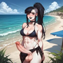 ai_generated athletic beach big_breasts big_penis bikini black_lipstick blush choker futa_only futanari goth_futa goth_girl hourglass_figure looking_at_viewer outdoors ponytail seductive_look seductive_smile sidelocks solo