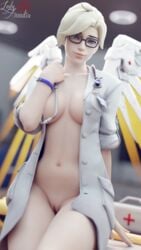 1girls 3d alternate_costume blender blizzard_entertainment blonde_hair blue_eyes breasts cleavage doctor dr._ziegler eyeshadow female female_only glasses lab_coat lab_coat_only ladyamadia light_skin looking_at_viewer mercy nurse nurse_uniform overwatch pussy slim solo tied_hair