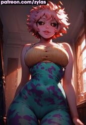 ai_generated big_breasts blush boku_no_hero_academia cleavage hero_outfit_(mha) looking_at_viewer mina_ashido my_hero_academia portrait ryuuziken01 schoolgirl smile