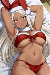 ai_generated armpit blush bra breasts candid christmas dark-skinned_female female lingerie looking_at_viewer miruko my_hero_academia navel panties pinku rumi_usagiyama underboob wallpaper