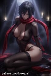 ai_generated alternate_version_available arms_behind_back attack_on_titan big_ass black_hair blue_eyes clothed clothed_female clothing female female_only fully_clothed fully_clothed_female klexyai looking_at_viewer mikasa_ackerman on_knees panties patreon patreon_username pillow scarf sfw sfw_version shingeki_no_kyojin shiny shiny_clothes shiny_skin short_hair sitting sitting_on_pillow skimpy skimpy_clothes solo solo_female thigh_highs thighhighs