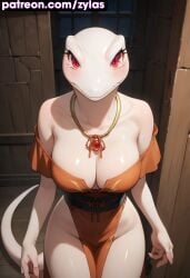 ai_generated anthro anthro_only big_ass big_breasts blush cleavage crusch_lulu humanoid lizard lizard_girl naked_female ryuuziken01 solo tail tattoo undressing white_skin