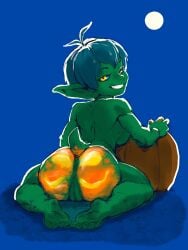 anus ass bodypaint female goblin_female green_hair green_pussy green_skin grin halloween kneeling momokemono moon nude_female pussy short_hair tail