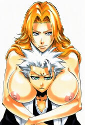 1boy 1girls accurate_art_style accurate_body_type ai_generated annoyed areolae between_breasts big_breasts bleach breast_press breast_smother breasts busty cel_shading closed_mouth clothed_male clothed_male_nude_female clothing completely_nude couple duo embracing face_to_breasts facing_viewer female front_view frown green_eyes haori head_between_breasts hetero high_resolution highres hug huge_breasts hugged_from_behind large_breasts light-skinned_female light-skinned_male light_skin line_art long_hair male manga_style matsumoto_rangiku mole mole_under_mouth nipples nude nude_female orange_hair pink_areolae pink_nipples shinigami shinigami_uniform shiny shiny_hair shiny_skin short_male size_difference smile standing tite_kubo_style topless toshiro_hitsugaya traditional_clothes wafuku wavy_hair white_hair