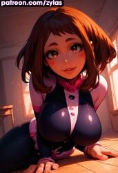 ai_generated big_breasts blush boku_no_hero_academia exposed_breasts hero_outfit_(mha) my_hero_academia naked_female ochako_uraraka pink_nipples pose ryuuziken01 short_hair uraraka_ochako