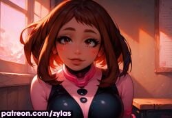 ai_generated big_ass big_breasts blush bodysuit boku_no_hero_academia exposed_breasts hero_outfit_(mha) huge_breasts my_hero_academia naked_female ochako_uraraka pink_nipples pose ryuuziken01 short_hair uraraka_ochako