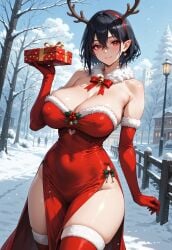 ai_generated antlers black_hair christmas elf_ears eye_contact gloves pixie_cut red red_eyes red_gloves seductive_expression short_hair smirk smug_expression teasing usebackdooronly