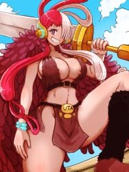 1girls big_breasts big_sword breasts busty cape cleavage curvy cutterhappa elbaf female female_only fur_coat grin loincloth midriff nami_(one_piece)_(cosplay) one_eye_obstructed one_piece one_piece_film_red red_hair skimpy skimpy_clothes solo sword thick_thighs two_tone_hair uta_(one_piece) white_hair