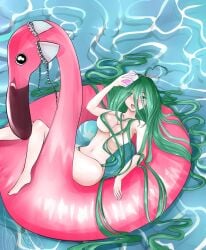 2d 2d_(artwork) belly_button big_breasts bikini_bottom bikini_top_removed breasts date_a_live floatie green_hair half_naked kakak kyouno_natsumi light-skinned_female long_hair pool thighs