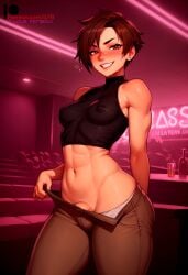 1futa ai_generated bar brown_eyes brown_hair bulge bulge_through_clothing dickgirl drunk exibitionism futa_only futanari ilfb looking_at_another looking_away neon neon_lights nipple nipples_visible_through_clothing public public_exposure public_indecency public_nudity short_hair small_breasts smile smiling solo standing sweat sweatdrop