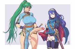 2futas balls big_breasts blue_hair bottomless breasts busty erect_nipples fire_emblem fire_emblem:_the_blazing_blade fire_emblem_awakening futa_only futanari glans green_hair hourglass_figure intersex kupocun large_breasts long_hair lucina_(fire_emblem) lyn_(fire_emblem) nipple_bulge penis penis_size_difference standing thick_thighs veiny_penis wide_hips