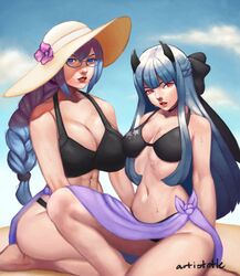 2girls artistotle_(artist) blue_hair long_hair original_character tagme