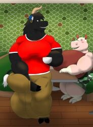 alythewolfcat animal_crossing anthro big_breasts big_bulge black_body black_fur bovid bovine breasts bulge cafe cattle coffee_cup container cup detailed_bulge duo ear_piercing ear_ring female flirting fur genital_outline hi_res huge_breasts huge_bulge hyper hyper_breasts hyper_bulge jason_julardas male mammal merengue_(animal_crossing) morbidly_obese muscular muscular_male nintendo obese overweight penis_outline piercing pink_body pink_skin rhinoceros ring_piercing