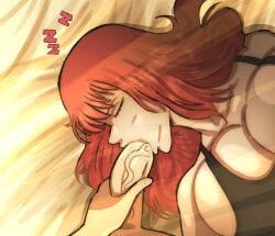 1boy breasts chainsaw_man closed_eyes collarbone fellatio female highres makima_(chainsaw_man) oral penis red_hair sleeping theodyss zzz