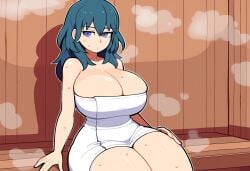 1girls ai_generated annoyed byleth_(fire_emblem) byleth_(fire_emblem)_(female) emotionless expressionless fire_emblem fire_emblem:_three_houses looking_at_viewer novelai sauna tired towel upset