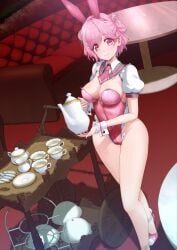 big_breasts blush breasts bunny_ears bunny_girl bunnysuit clothed d4dj high_heels hiraken indoors sakurada_miyu table tea_cup tea_pot tea_set thick_thighs wide_hips