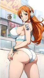 1female artist_request ass bikini breasts female female_only happy human nami nami_(one_piece) one_piece one_piece:_egghead_arc open_eyes orange_eyes orange_hair panties solo white_body