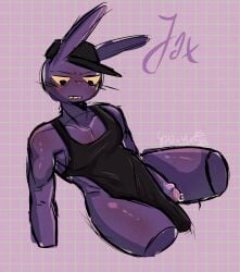 apron blush cap jax_(tadc) jax_(the_amazing_digital_circus) lagomorph male male_only peeking_penis penis precum precum_bubble purple_body semi-erect semi_nude simple_background the_amazing_digital_circus work_uniform yellow_eyes