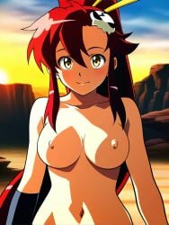 ai_generated fake_screencap female female ghost_nipples large_breasts navel nipples red_hair skull_hair_ornament solo sunset topless upper_body yellow_eyes yoko_littner zorkpics