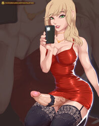 1futa balls big_breasts big_penis breasts cleavage dickgirl dress erection futa_only futanari intersex large_breasts looking_at_viewer penis penis_ribbon selfie solo solo_futa sprinklepoo testicles thighhighs upskirt