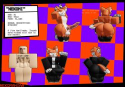 anthro ass canine_penis erection_under_clothes femboy fox furry nekomaniaa oc reference_image reference_sheet roblox robloxian self_upload size_comparison