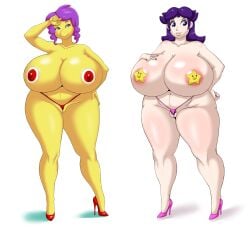 absurd_res anthro areola big_breasts biped breasts caucasian clothed clothing deadpliss duo eyelashes female footwear genitals hair hi_res high_heels huge_breasts human koopa mammal mario_bros mewpan nintendo panties pasties pubes pupils purple_hair pussy pussy_floss scalie shoes simple_background thick_thighs underwear white_background yellow_body