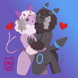 2girls anthro areola areola_slip blep breasts duo eeveelution espeon female female/female female_only generation_2_pokemon generation_8_pokemon genitals heart_symbol hi_res holding_breast iru_exe lesbian looking_at_viewer nintendo one_eye_closed pokemon pokemon_(species) pussy sparkles tongue tongue_out umbreon wink wooloo yuri