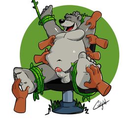 1:1 2019 anthro baloo belly bondage bound closed_eyes codywulfy_(artist) disney erection hi_res humanoid_hands humanoid_penis male male_only mammal navel overweight overweight_male penis sitting testicles the_jungle_book tickling ursid