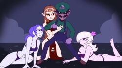 1boy 3girls 5_fingers 5_toes animated ass blue_hair blue_overalls bra breasts cleavage clothed_male_nude_female clothing crossover crown egoraptor elf_ears erection facial_hair female gif gloves green_hat green_shirt hat headgear headwear human jojo_reference long_hair looking_at_another looking_at_viewer luigi lying_on_stomach male male/female mario_(series) matching_underwear moustache multiple_girls navel nintendo nipples nude_female nude_female_clothed_male on_knees overalls panties princess princess_rosalina princess_zelda royalty screenshot shoes standing starbomb studio_yotta super_smash_bros. the_legend_of_zelda triforce triforce_symbol twilight_princess voluptuous voluptuous_female wii_fit wii_fit_trainer youtube_source zelda_(twilight_princess)