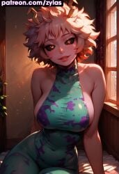 ai_generated big_breasts blush boku_no_hero_academia cleavage hero_outfit_(mha) looking_at_viewer mina_ashido my_hero_academia portrait ryuuziken01 schoolgirl smile